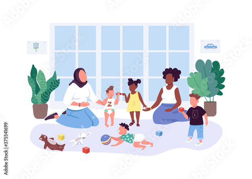 Mothers help mothers flat color vector faceless characters. Mom and baby group. Women spend time with their children isolated cartoon illustration for web graphic design and animation