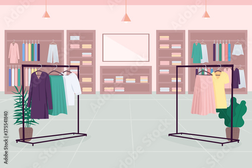 Clothes emporium flat color vector illustration. Department store. Shopping mall. Cloth boutique. Fashion store 2D cartoon interior with clothes shelves, hangers, mirror on background