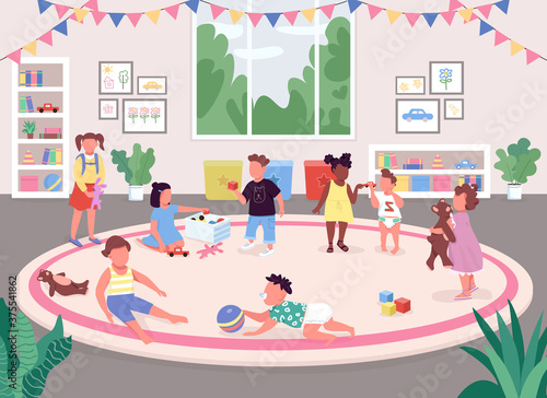 Kindergarten room flat color vector illustration. Children play in recreation room 2D cartoon faceless characters with toys, bookshelves, pink carpet and big window on background