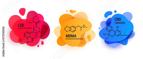 Lysergic acid diethylamide LSD, MDMA, cannabinoids, structural chemical formul with liquid fluid shapes on white background photo