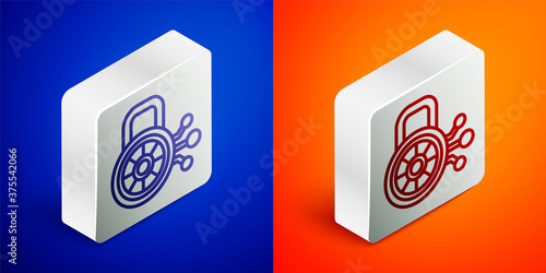 Free Download Isometric line Cyber security icon isolated on blue and orange background. Closed padlock on digital circuit board. Safety concept. Digital data protection. Silver square button. Vector. - GFXLoad