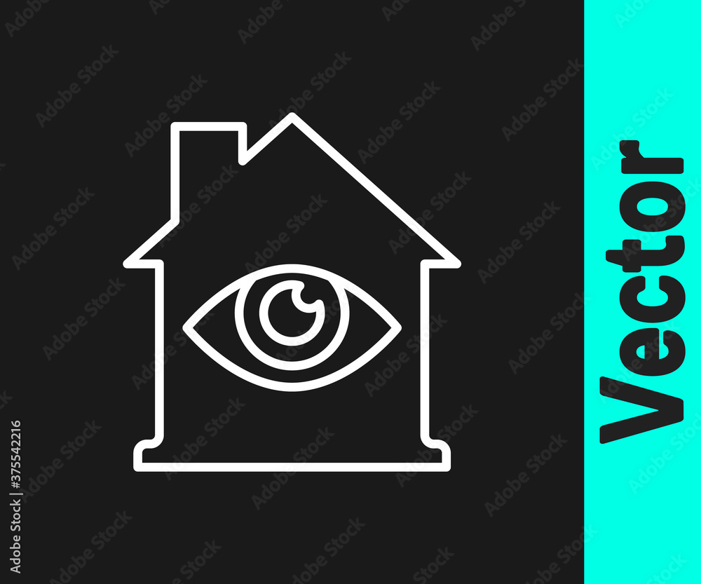 White line House with eye scan icon isolated on black background. Scanning eye. Security check symbol. Cyber eye sign. Vector. White line House with eye scan icon isolated on black background. Scanning eye. Security check symbol. Cyber eye sign. Vector.