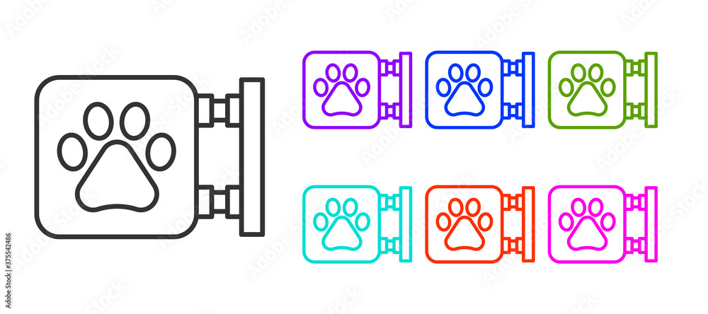 Black line Veterinary clinic symbol icon isolated on white background. Cross hospital sign. A stylized paw print dog or cat. Pet First Aid sign. Set icons colorful. Vector. Black line Veterinary clinic symbol icon isolated on white background. Cross hospital sign. A stylized paw print dog or cat. Pet First Aid sign. Set icons colorful. Vector.