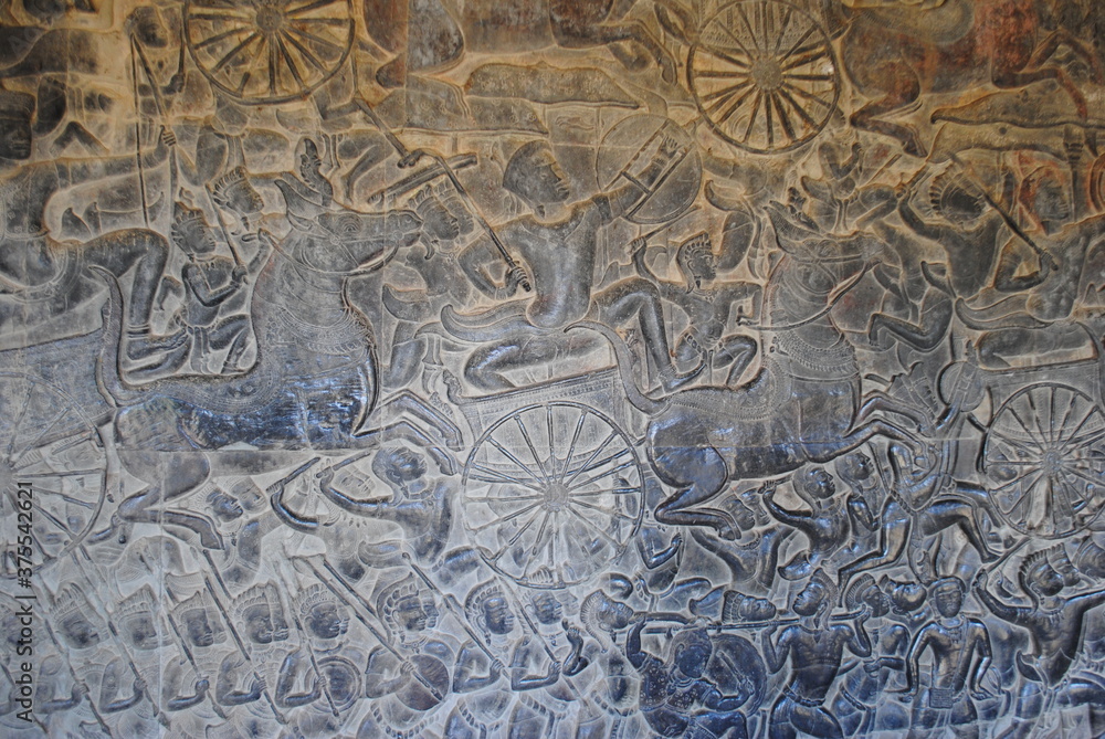 bas relief on the wall in Angkor Wat in Cambodia
