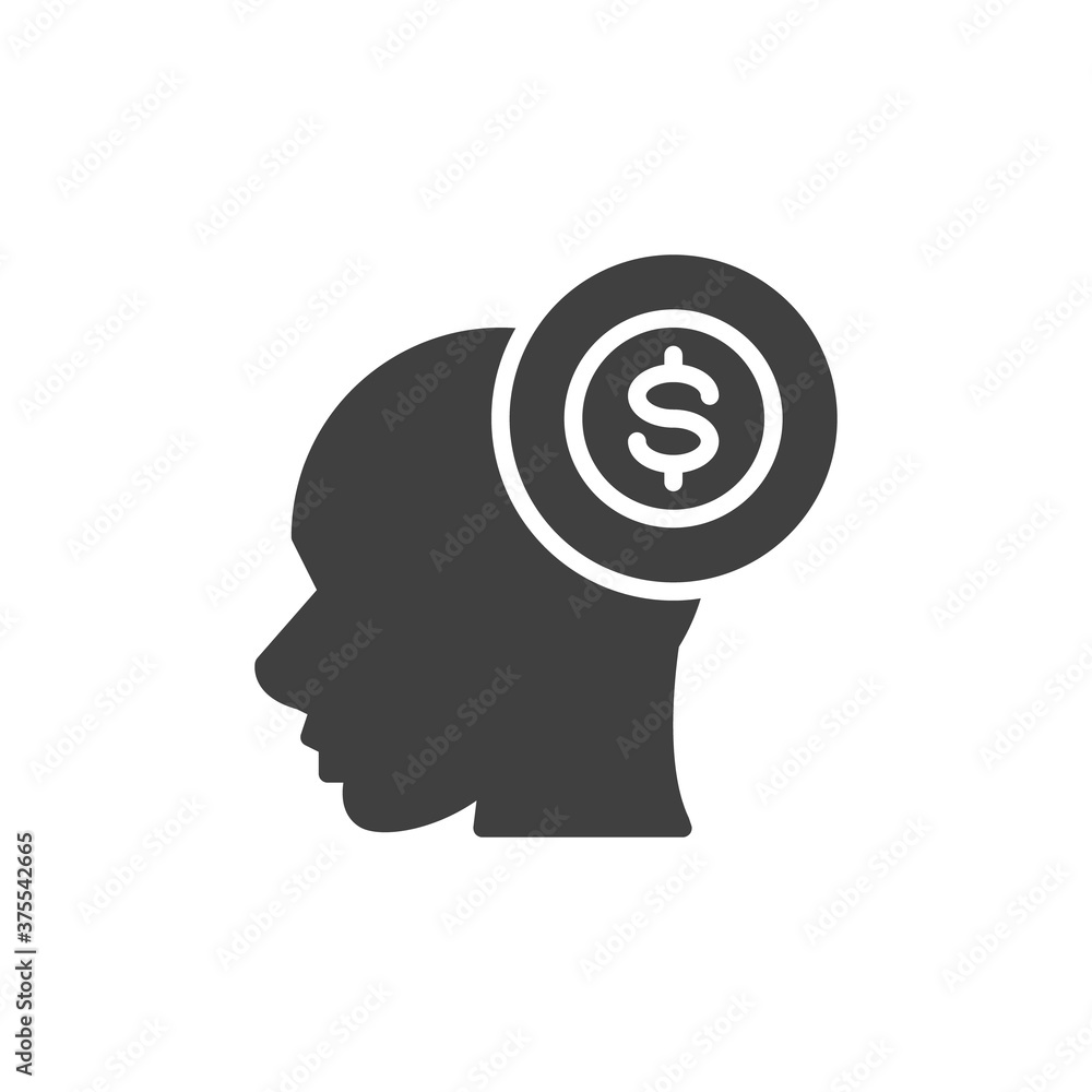 Money thinking vector icon. filled flat sign for mobile concept and web design. Head and dollar money glyph icon. Symbol, logo illustration. Vector graphics Money thinking vector icon. filled flat sign for mobile concept and web design. Head and dollar money glyph icon. Symbol, logo illustration. Vector graphics