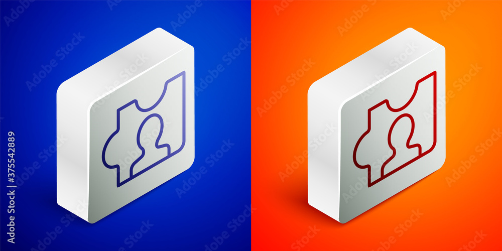 Isometric line Head hunting icon isolated on blue and orange background. Business target or Employment sign. Human resource and recruitment for business. Silver square button. Vector. Isometric line Head hunting icon isolated on blue and orange background. Business target or Employment sign. Human resource and recruitment for business. Silver square button. Vector.