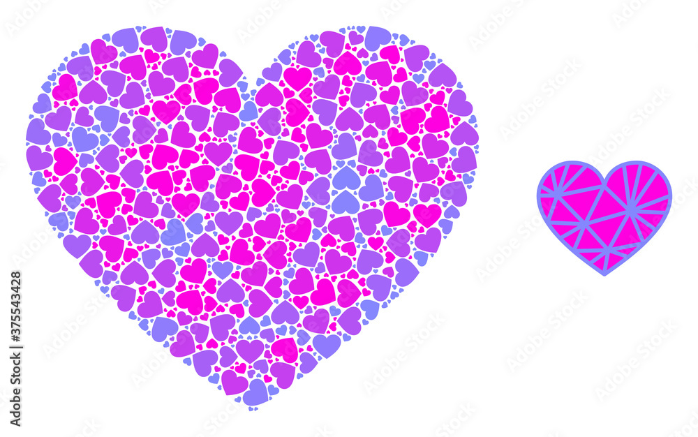 Vector mesh pink heart composition is formed from repeating recursive mesh pink heart parts. Recursive composition for mesh pink heart.