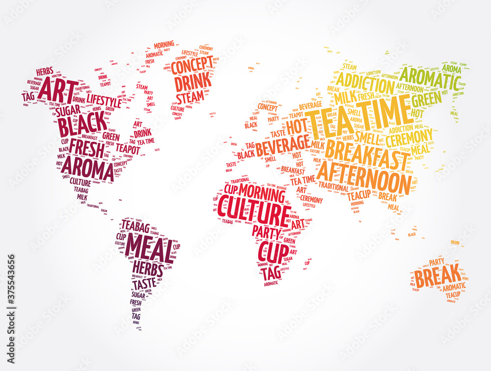 Fototapeta premium Tea time word cloud in shape of world map, concept background