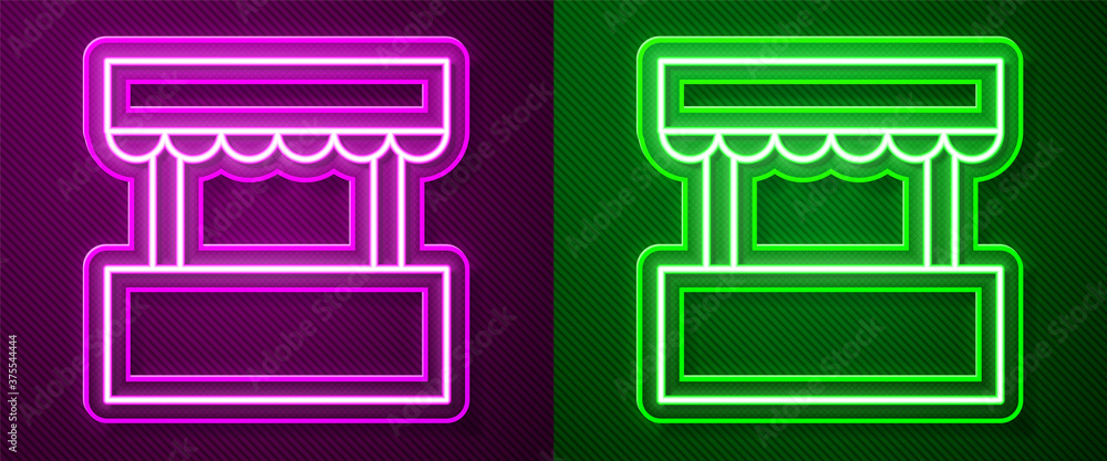 Glowing neon line Ticket box office icon isolated on purple and green background. Ticket booth for the sale of tickets for attractions and sports. Vector. Glowing neon line Ticket box office icon isolated on purple and green background. Ticket booth for the sale of tickets for attractions and sports. Vector.