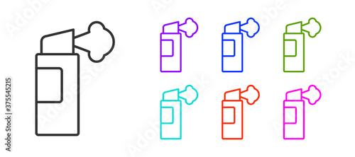 Black line Pepper spray icon isolated on white background. OC gas. Capsicum self defense aerosol. Set icons colorful. Vector.
