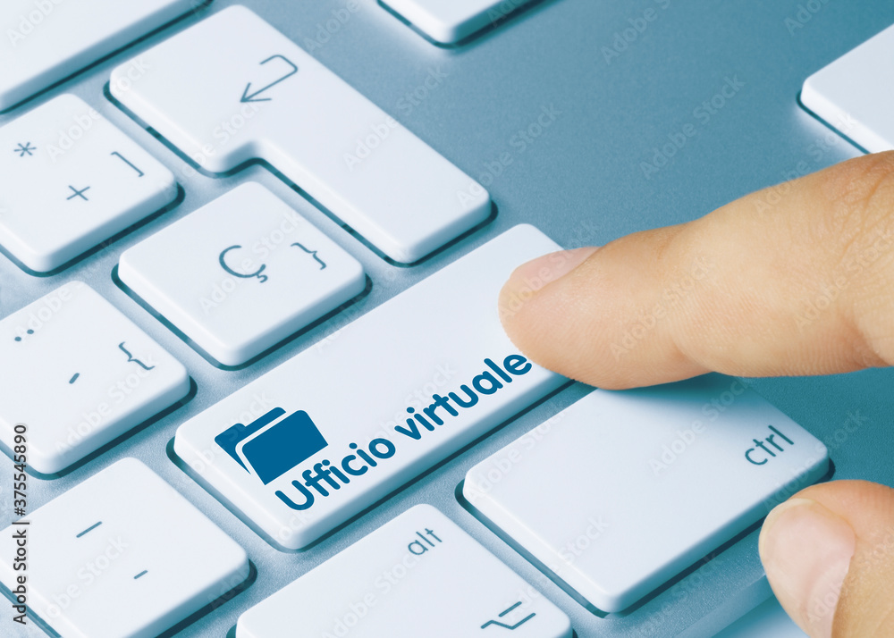 Fototapeta premium Ufficio virtuale - Iscrizione sul tasto della tastiera blu.