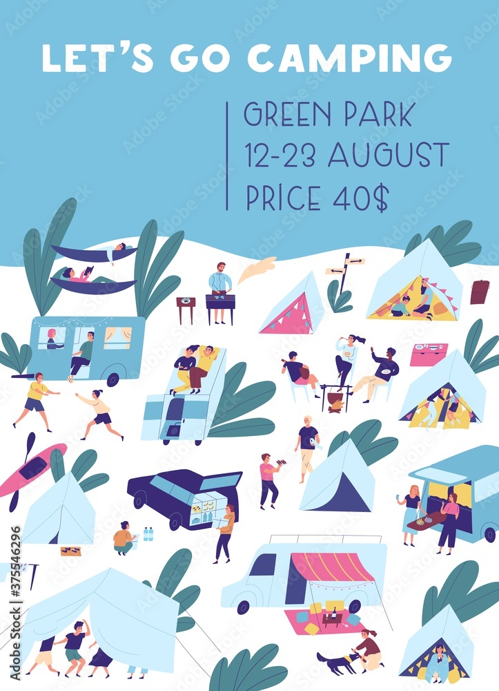 Vertical poster template for camping vacation with place for text. People relaxing in nature outdoors. Flat vector cartoon placard with friends and families activity at summer festival in tent city - obrazy, fototapety, plakaty 