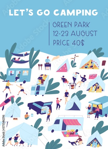 Vertical poster template for camping vacation with place for text. People relaxing in nature outdoors. Flat vector cartoon placard with friends and families activity at summer festival in tent city