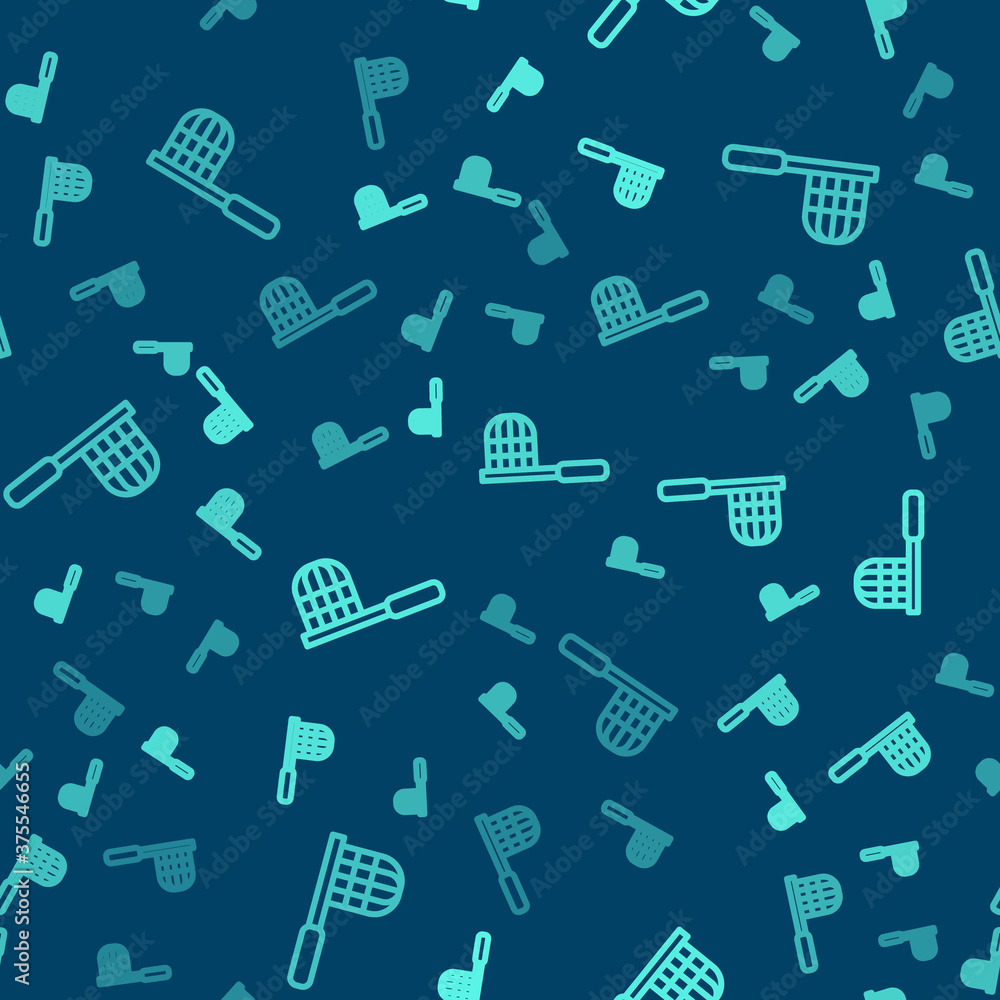 Green line Butterfly net icon isolated seamless pattern on blue background. Vector. Green line Butterfly net icon isolated seamless pattern on blue background. Vector.