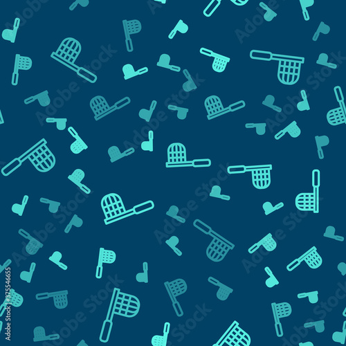 Green line Butterfly net icon isolated seamless pattern on blue background. Vector.