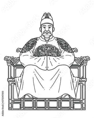 Sejong the Great (15 May 1397 – 8 April 1450) was the fourth king of the Joseon dynasty of Korea. He created and promulgated the Korean alphabet Hangul. Vector line art illustration.