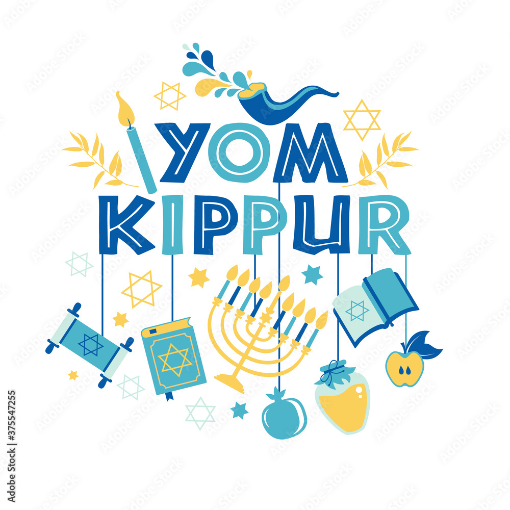 Yom Kippur greeting card with candles, apples and shofar and sybols. Jewish holiday background. Vector illustration on white.