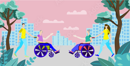 Volunteers Walk in the Park with old people.Grandma and grandpa sitting in a wheelchair, and greet each other. Social workers and the elderly. Concept  Walk in the Park.Vector illustration.flat style.