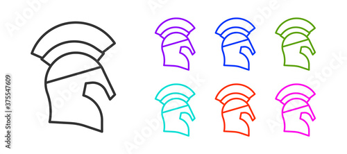 Black line Greek helmet icon isolated on white background. Antiques helmet for head protection soldiers with a crest of feathers or horsehair. Set icons colorful. Vector.