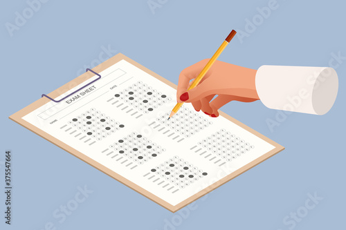 The student filling out answers to exam test answer sheet with a pencil. Education concept. Isometric vector illustration