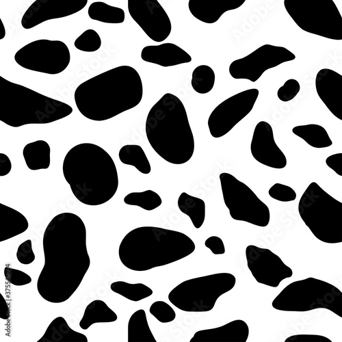 Cow skin texture, black and white spot repeated seamless pattern. Animal print dalmatian dog stains. Vector