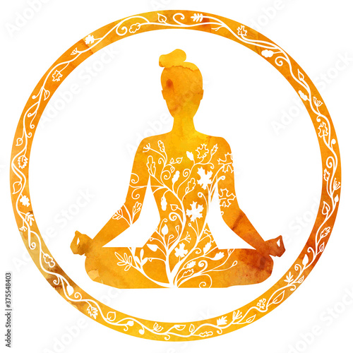 Vector silhouette of yoga woman in circle frame with bright orange watercolor texture and floral ornament. Autumn colors and tree leaves decoration. Lotus pose - Padmasana.