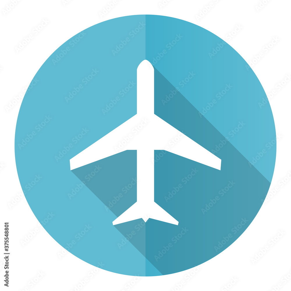 Plane vector icon, flight, airplane flat design blue round web button isolated on white background Plane vector icon, flight, airplane flat design blue round web button isolated on white background