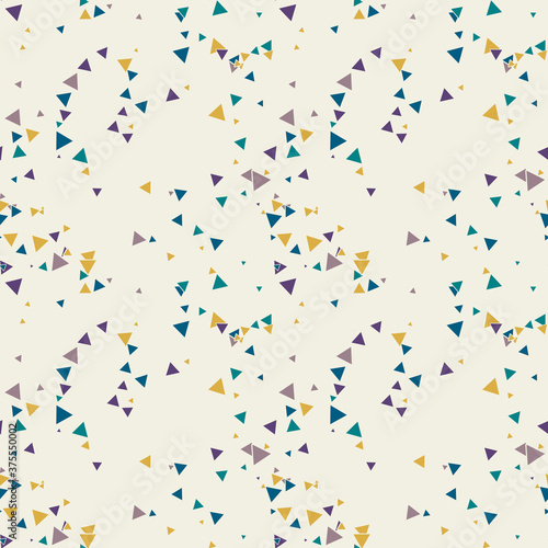 Abstract Memphis seamless pattern with colorful chaotic small triangles. Infinity triangular messy geometric pattern. Colorful Terrazzo tile. Vector illustration.
