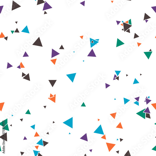 Abstract Memphis seamless pattern with colorful chaotic small triangles. Infinity triangular messy geometric pattern. Colorful Terrazzo tile. Vector illustration.