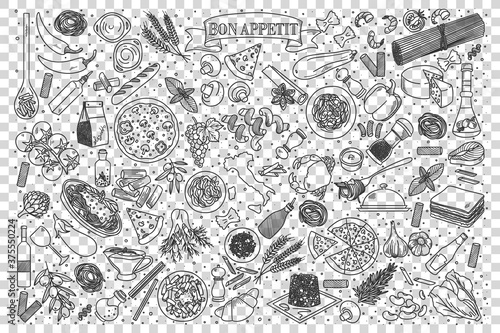 Italian food doodle set. Collection of chalk pencil hand drawn sketches templates of italy delicious cuisine pizza spaghetti ravioli on transparent background. Western country meal illustration.