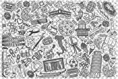 Italy doodle set. Collection of hand drawn sketches templates of italian culture architecture and national cuisine on transparent background. European roman country tratidions illustration.