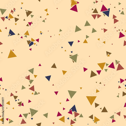 Abstract Memphis seamless pattern with colorful chaotic small triangles. Infinity triangular messy geometric pattern. Colorful Terrazzo tile. Vector illustration.