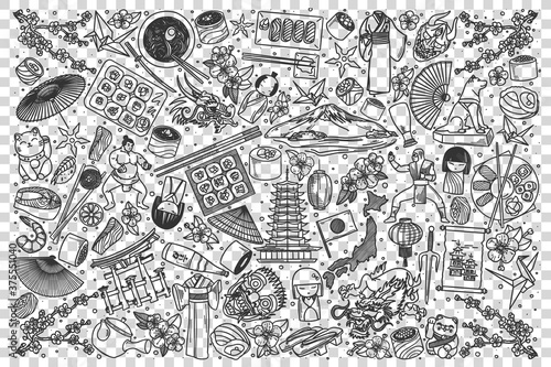 Japan doodle set. Collection of chalk pencil hand drawn sketches templates of japanese culture architecture national cuisine on transparent background. Eastern asian country tratidions illustration.
