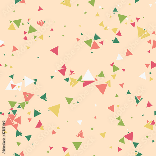 Abstract Memphis seamless pattern with colorful chaotic small triangles. Infinity triangular messy geometric pattern. Colorful Terrazzo tile. Vector illustration.