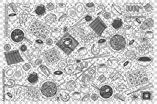 Japanese food doodle set. Collection of chalk pencil hand drawn sketches templates of china delicious cuisine sushi noodle rice on transparent background. Eastern asian country meal illustration.