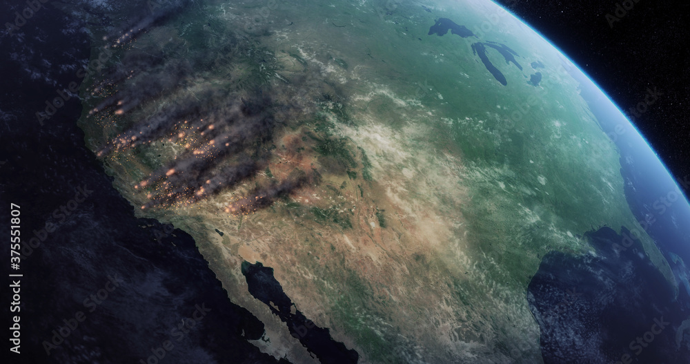 Wildfires in California. Fire and Smoke Covering Much of the West Coast of the US. Satellite View Shows a Lot of Fires Burning in the Californian Forests. Massive Wildfire in the USA. 3D Illustration.