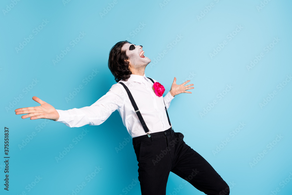 Portrait of his he handsome creepy elegant classy cheerful cheery dreamy careless funky gentleman having fun dancing rest chill out singing isolated bright vivid shine vibrant blue color background Portrait of his he handsome creepy elegant classy cheerful cheery dreamy careless funky gentleman having fun dancing rest chill out singing isolated bright vivid shine vibrant blue color background