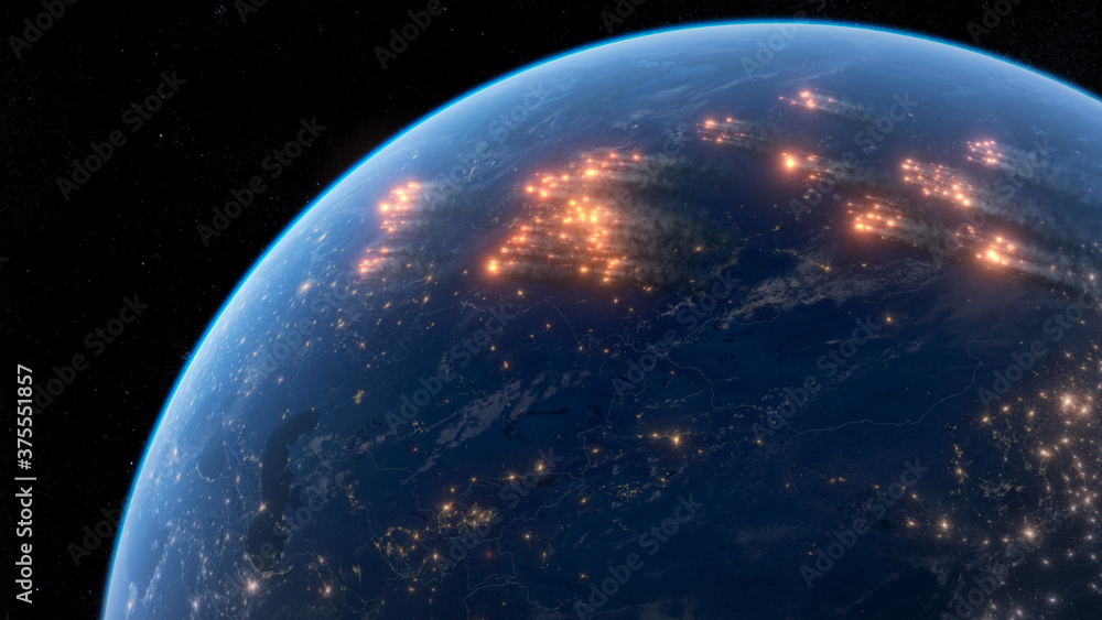 Satellite Night View of Forest Fires and Smokes in Siberian Taiga. Vast Wildfires Burning in Remote Siberia. Climate Emergency. Massive Wildfire Rips Through Parts of the Russian Siberia. Satellite Night View of Forest Fires and Smokes in Siberian Taiga. Vast Wildfires Burning in Remote Siberia. Climate Emergency. Massive Wildfire Rips Through Parts of the Russian Siberia.