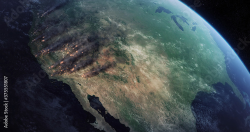 Wildfires in California. Fire and Smoke Covering Much of the West Coast of the US. Satellite View Shows a Lot of Fires Burning in the Californian Forests. Massive Wildfire in the USA. 3D Illustration.