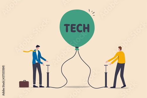 Technology or Tech stock bubble, overvalued stock causing by economic crisis and greedy investors concept, businessmen investor take risk by pumping air into ready to burst balloon with the word TECH.