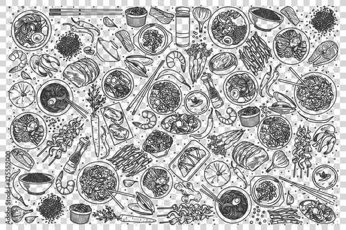 Korean food doodle set. Collection of chalk pencil hand drawn sketches templates of korea delicious cuisine rice noodle kimchi on transparent background. Eastern asian country meal illustration.