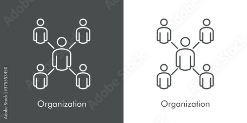 Concepto organización. Trabajo en equipo. Icono lineal grupo de personas alrededor de un líder en fondo gris y fondo blanco
