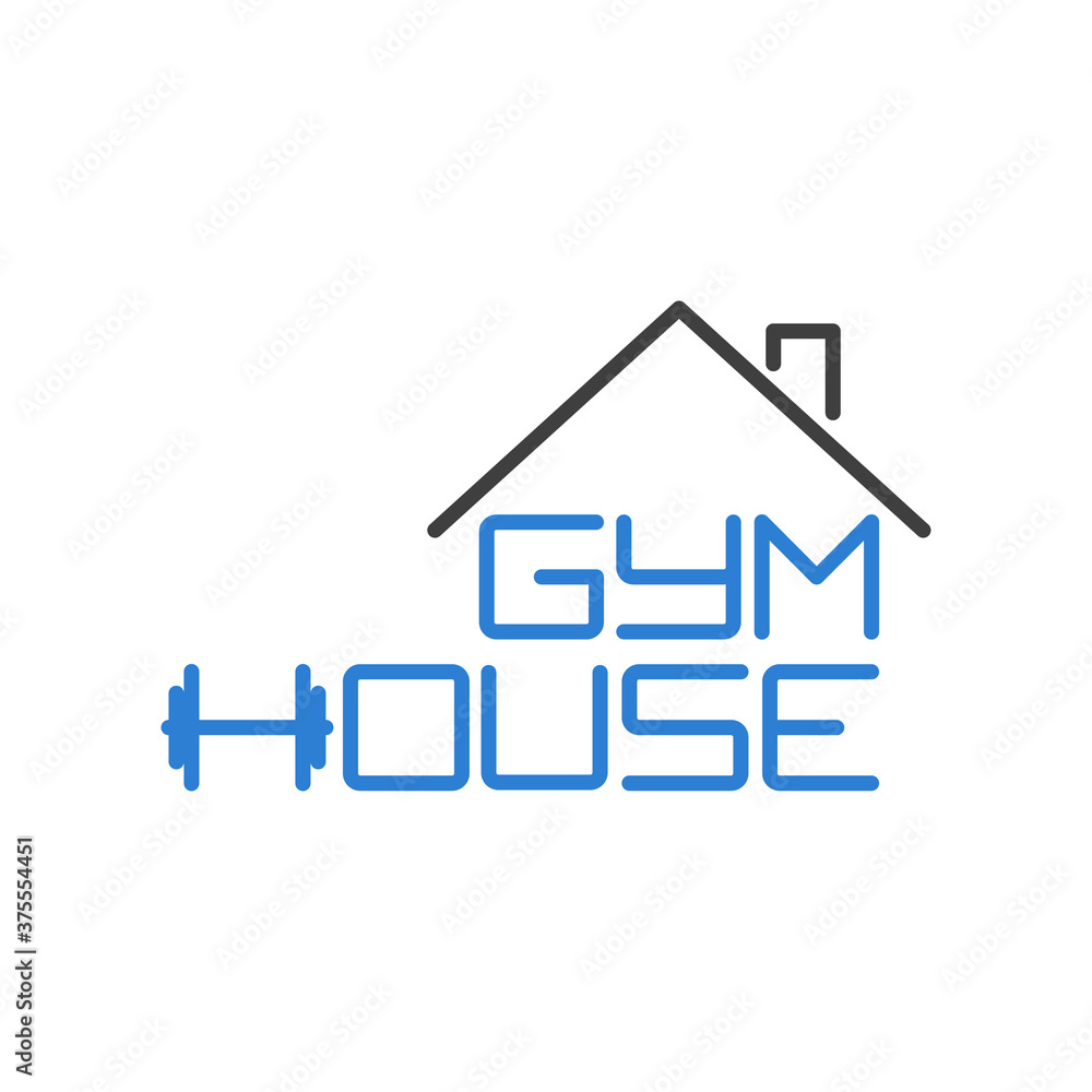 Sala de gimnasia en el hogar. Logotipo lineal texto Gym House con tejado de casa en azul y gris Sala de gimnasia en el hogar. Logotipo lineal texto Gym House con tejado de casa en azul y gris