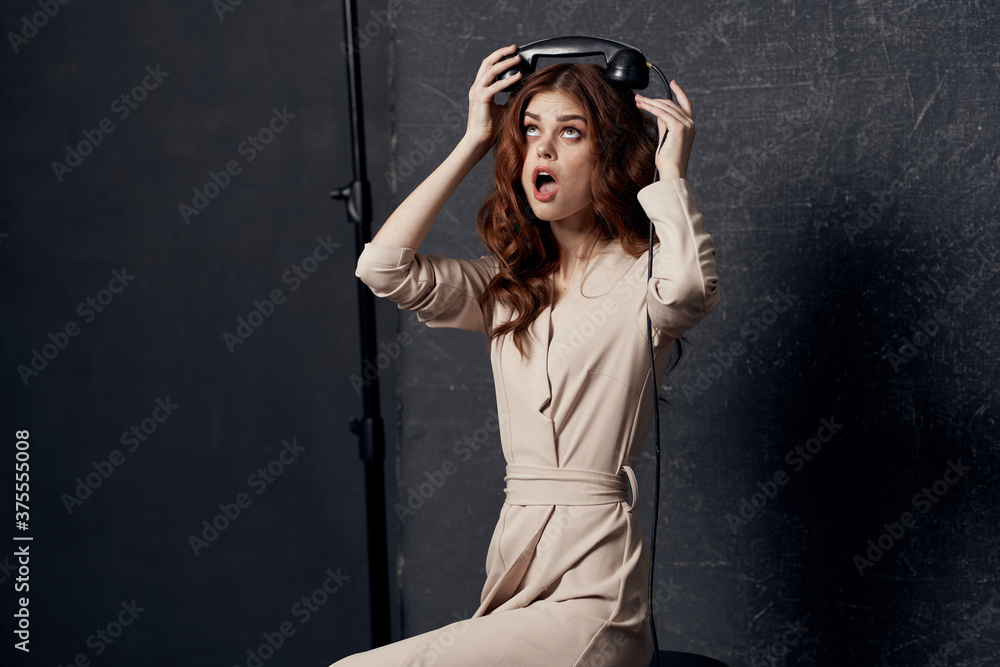 pretty woman in studio beige dress lifestyle elegant style pretty woman in studio beige dress lifestyle elegant style