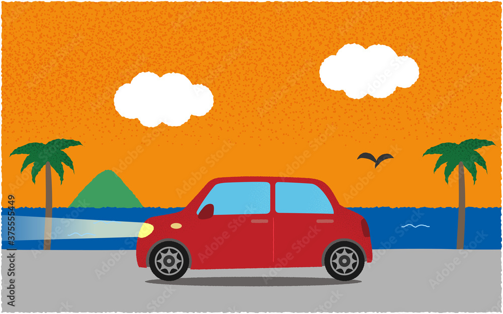夕方、海沿いの道を進む赤い自動車のベクターイラスト 夕方、海沿いの道を進む赤い自動車のベクターイラスト