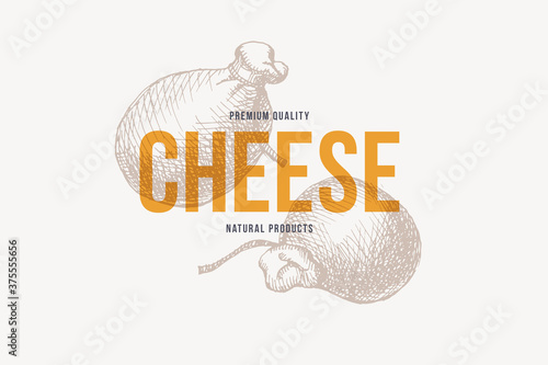 Hand-drawn Cachocavallo cheese on a light background. Homemade cheese-making concept. Retro picture for the menu of restaurants, markets, and shops. Vector illustration.