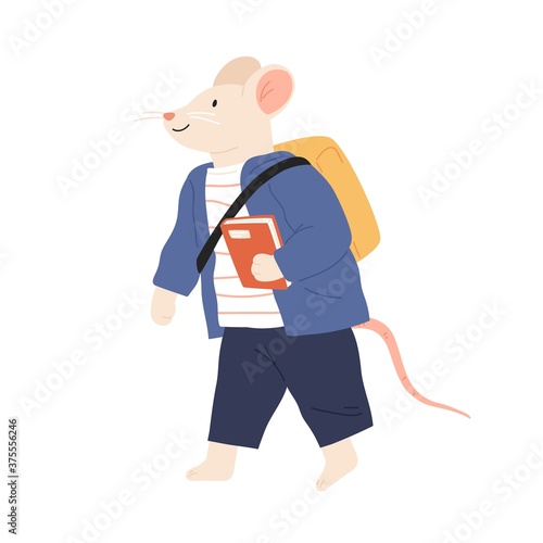 Rat or mouse cub in clothes with schoolbag. Animalistic childish character wa...