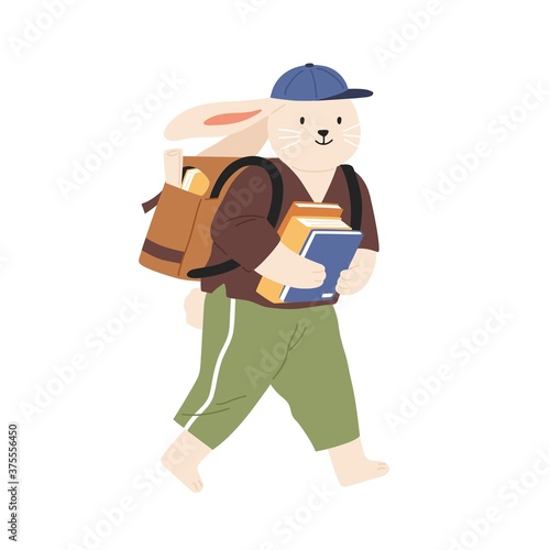 Animalistic childish character or hare cub student carry pile of books. Rabbi...