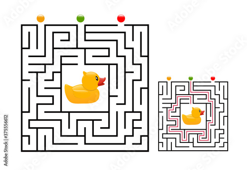 Square maze labyrinth game for kids with rubber duck. Labyrinth logic conundrum. Three entrance and one right way to go. Vector flat illustration isolated on white background.