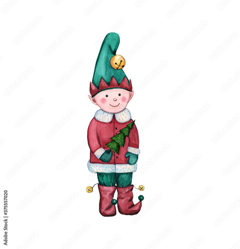 Elf Christmas watercolor stands with a Christmas tree in the hands of flat style isolated on a white background. The Assistant Of Santa Claus. Christmas. Elf Christmas watercolor stands with a Christmas tree in the hands of flat style isolated on a white background. The Assistant Of Santa Claus. Christmas.